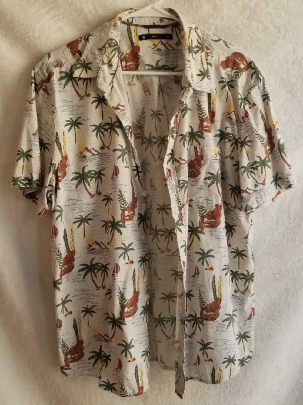 Lobster Print Button Down Shirt Mens XL Cotton Casual Vacation Palm Trees